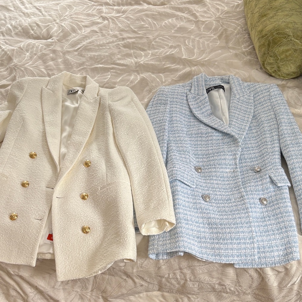 Zara Ivory and Light Blue Tweed Blazers